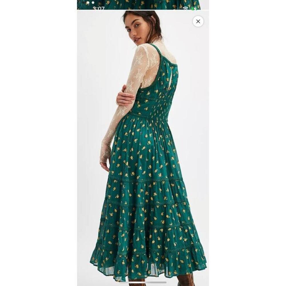 Free People Teal Green Midi Dress with Gold Floral Print - Picture 2 of 4